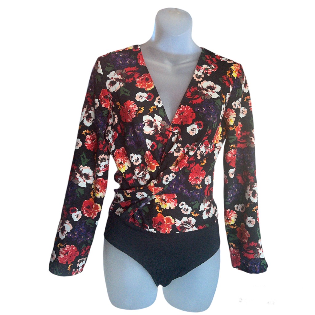 Zara Black Floral Surplice Twist Front Long Sleeve Bodysuit Size Xs